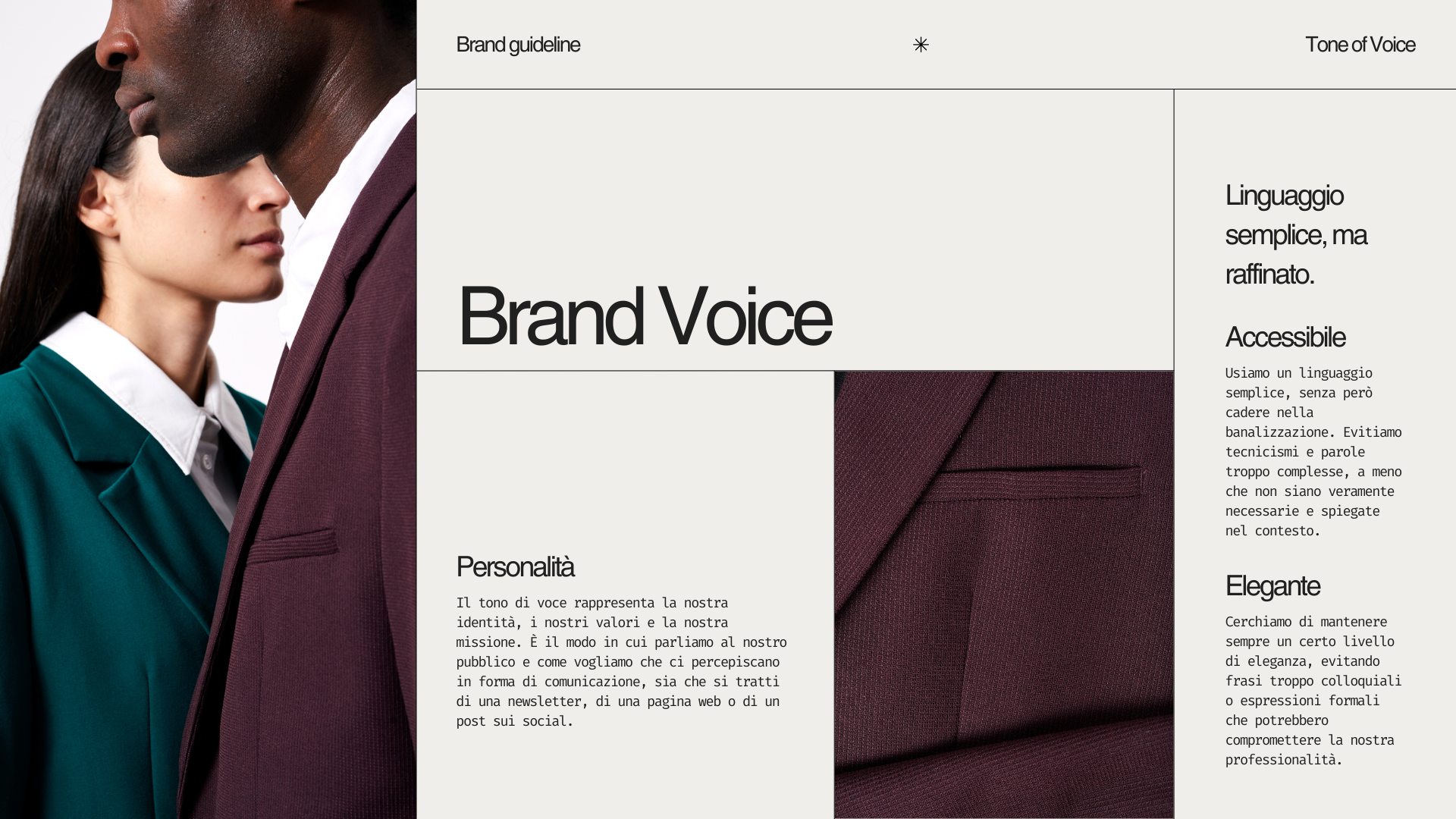 Immagine di una pagina di un manuale di tono di voce di un brand di moda.